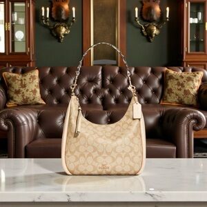 COACH Jules Hobo in Signature Canvas — Light Khaki/Ivory + Snakeskin Trim